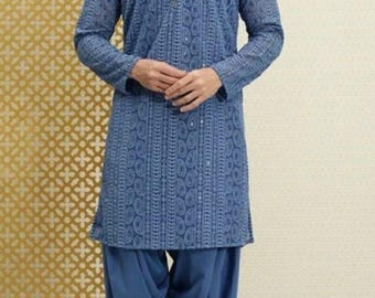 Men's Chikankari Kurta Pajama Set:  Grey Embroidered Sherwani