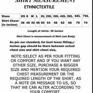 May include: Shirt size chart with measurements in inches for sizes XS to 7XL. The chart shows the shirt chest measurement for each size. The text states that the shirt chest measurement is for the shirt, not the body. It also notes that for a loose fit, there should be a 6-inch gap between the actual chest size and the shirt chest size. The chart also includes instructions for ordering a custom size.
