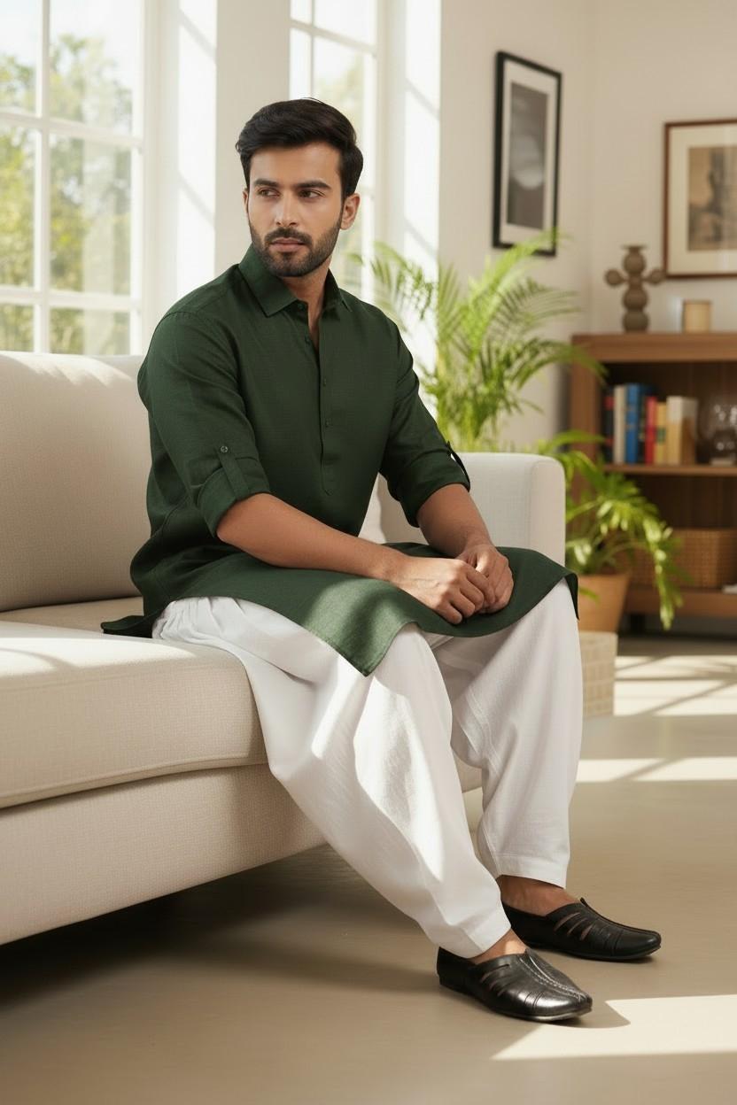 Cotton Blend Dark Green Pathani Set: Indian Kurta with Patiala Shalwar