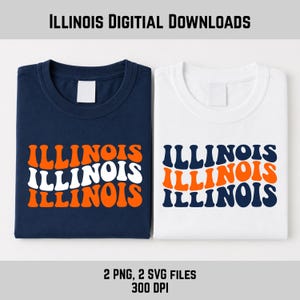 May include: A navy blue t-shirt and a white t-shirt, each featuring the text ILLINOIS in a wavy, stacked font. The navy shirt displays the text in orange and white, while the white shirt displays the text in navy and orange. The text reads ILLINOIS.