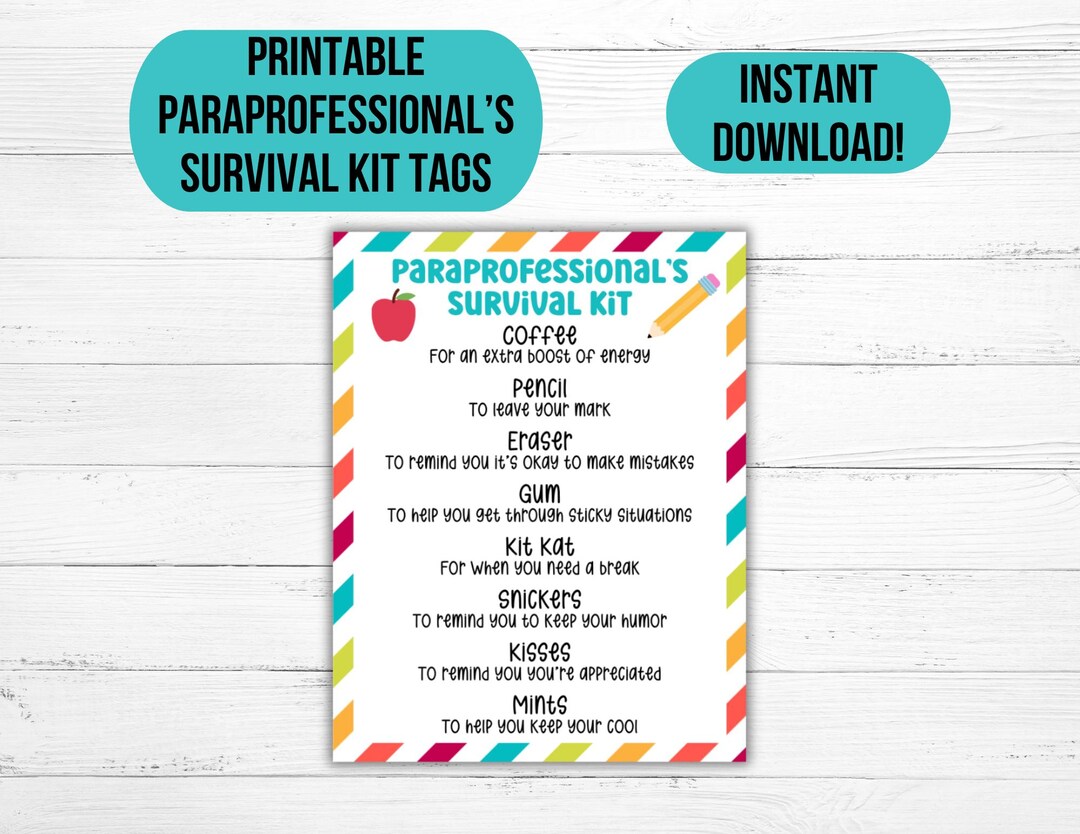 Parapro Survival Kit Gift Tag Paraprofessional Appreciation Day Gift ...