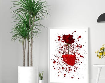 Lámina minimalista de corazón y rosa: Arte mural moderno sobre el amor (Descarga digital)