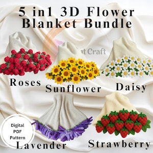 Pode incluir: Um pacote de padrões PDF digitais com cinco designs de cobertores de flores 3D: rosas, girassóis, margaridas, lavanda e morangos. Os cobertores são exibidos em um fundo de tecido branco, mostrando o trabalho de crochê.