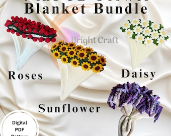 4-in-1 Crochet Pattern | Flower Blanket Crochet PDF | Daisy Rose Sunflower Lavender | Baby Shower Gift | Nursery Decor |Viral Digital Bundle