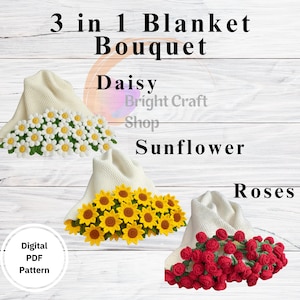 3-in-1 Blumen Häkeldecke Muster PDF | Gänseblümchen Rose Sonnenblume | Baby-Dusche-Geschenk | Viral Design Überwurf | Digitaler Download