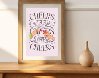 Cheers Typografie Kunstdruck: Minimalistisches Bar Dekor (Digitaler Download)