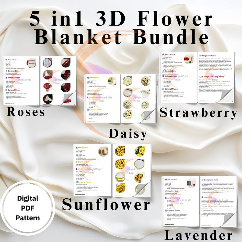 May include: A digital PDF pattern bundle for a 3D flower blanket. The bundle includes patterns for roses, daisies, strawberries, sunflowers, and lavender. The text "5 in 1 3D Flower Blanket Bundle" is at the top.