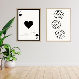 I'm Always Lucky Wall Art Set – Manifest Decor Set – Trendy Retro Wall Art Set – Schoppenaas & Dice-print – Minimalistische zwart-wit print