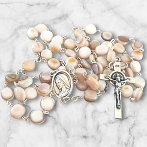 St Benedict cross medals Mother of pearl rosary beads, Shell rosary,  white pearl rosary Rosaries Our Lady  gift Religious Jewelry