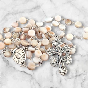 Pardon cross medals Mother of pearl rosary beads, Shell rosary, St Benedict  Miraculous medals white pearl rosary Rosaries Our Lady