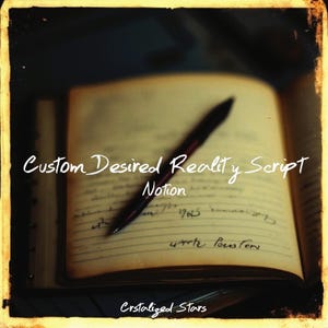 Op de afbeelding: Een close-up van een open notitieboek met een pen die op de pagina's ligt. Het notitieboek heeft gestreept papier en handschrift. De tekst op de pagina luidt "Custom Desired Reality Script Notion" en "with love". De afbeelding heeft een vintage filter.