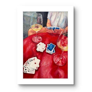 Pôster "Só Bebidas, Por Favor" de Vinho e Cartas | Impressão Artística de Noite de Vinho | Arte de Parede | Pintura de Jogo de Cartas | Impressão de Pôster | Josie Tate Art