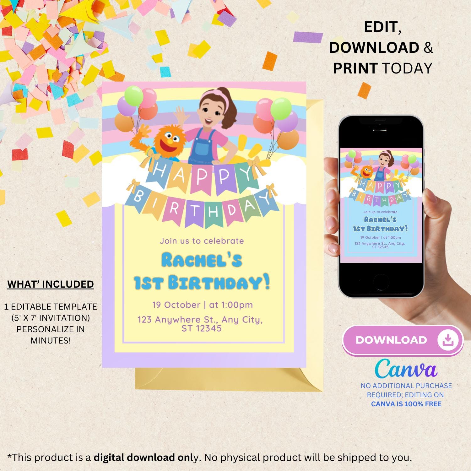 Ms. Rachel Gender Neutral Rainbow 1st, 2nd, or 3rd Birthday Invitation ...