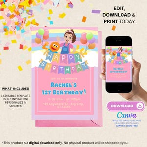 K&ouml;nnte beinhalten: Eine rosa und lilafarbene druckbare Einladung zu einer ersten Geburtstagsfeier. Die Einladung zeigt ein Cartoon-M&auml;dchen mit einem Regenbogen und Ballons. Der Text auf der Einladung lautet "Happy Birthday" und "Rachel's 1st Birthday!" mit Datum und Uhrzeit der Party. Die Einladung kann auf Canva heruntergeladen werden.
