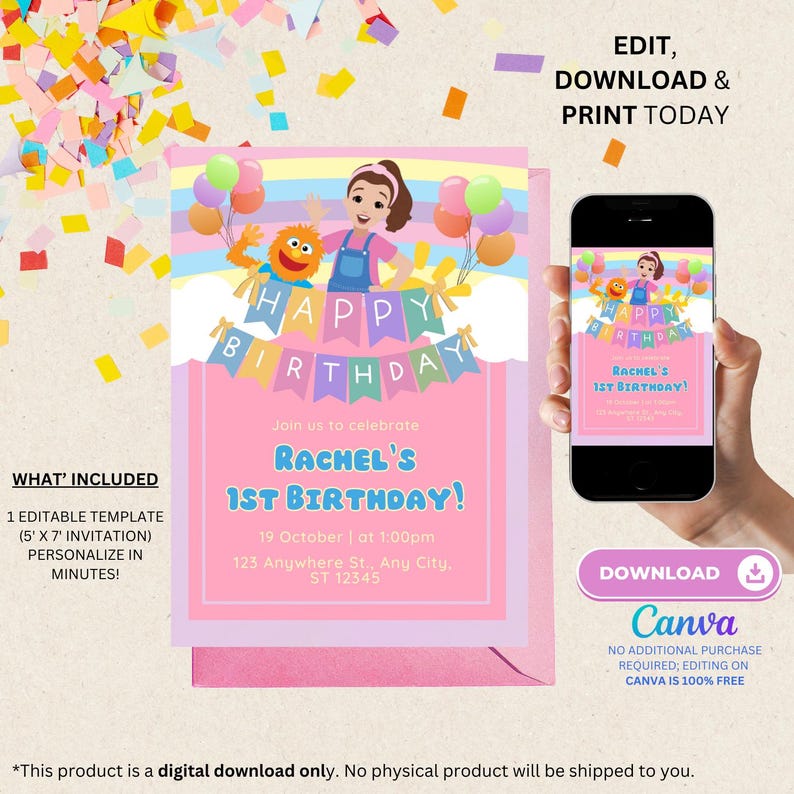 K&ouml;nnte beinhalten: Eine rosa und lilafarbene druckbare Einladung zu einer ersten Geburtstagsfeier. Die Einladung zeigt ein Cartoon-M&auml;dchen mit einem Regenbogen und Ballons. Der Text auf der Einladung lautet "Happy Birthday" und "Rachel's 1st Birthday!" mit Datum und Uhrzeit der Party. Die Einladung kann auf Canva heruntergeladen werden.