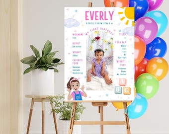 Ms. Rachel Geburtstags-Meilensteinschild: Anpassbarer erster Geburtstag (Printable 18 "x 24") / Digitale Vorlage