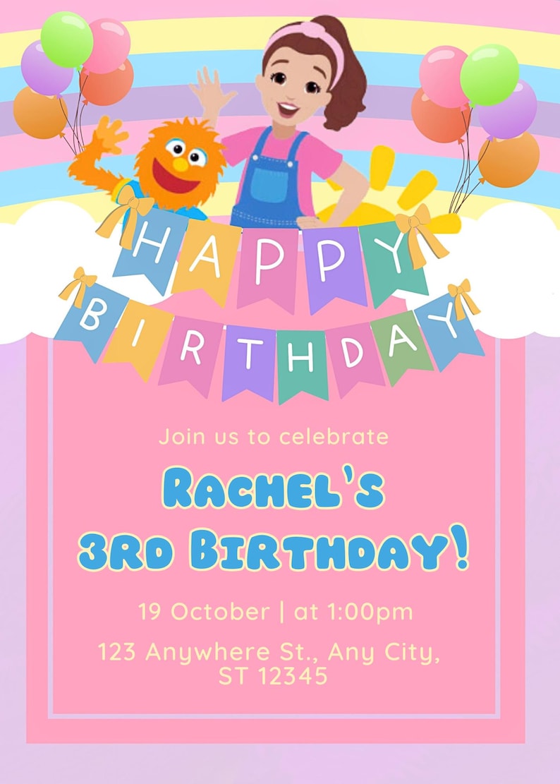 K&ouml;nnte beinhalten: Eine rosafarbene Geburtstagseinladung mit einem M&auml;dchen und einer pelzigen Puppe, die ein Banner mit der Aufschrift "HAPPY BIRTHDAY" halten. Die Einladung enth&auml;lt den Text "Join us to celebrate Rachel's 3rd Birthday!" sowie das Datum und die Uhrzeit der Party: "19 October | at 1:00pm". Die Adresse ist ebenfalls enthalten: "123 Anywhere St., Any City, ST 12345".