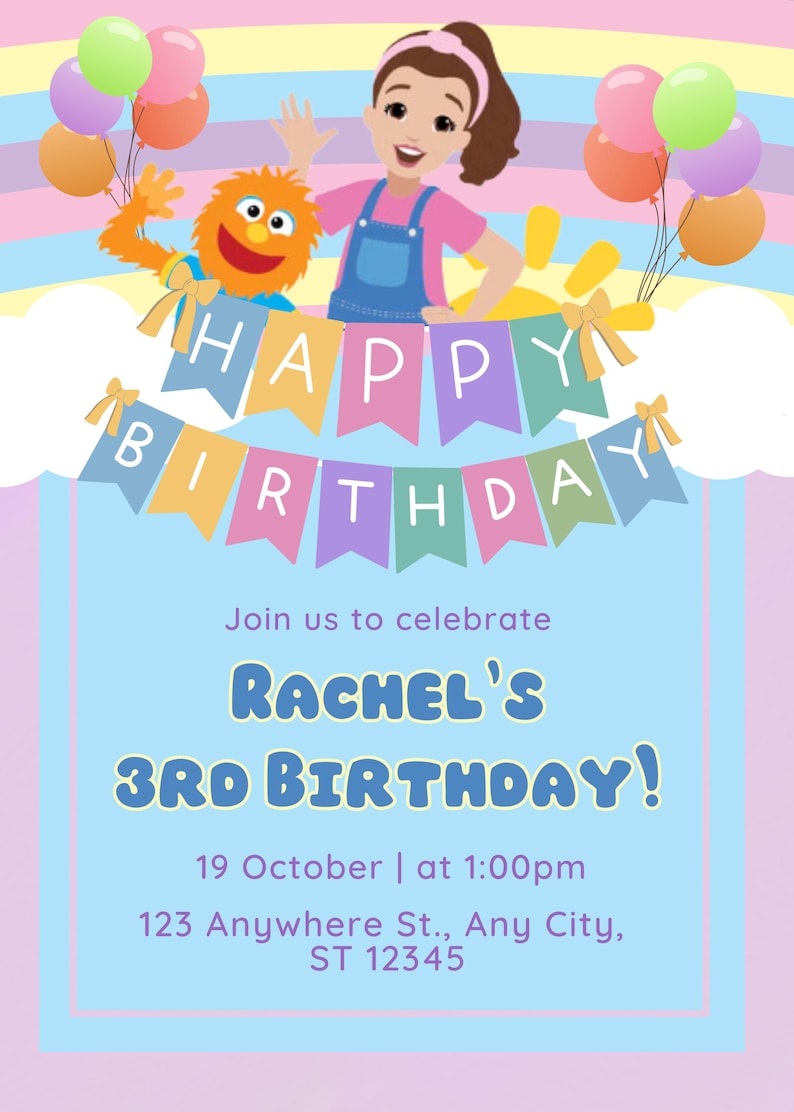 Ms. Rachel Gender Neutral Rainbow 1st, 2nd, or 3rd Birthday Invitation ...