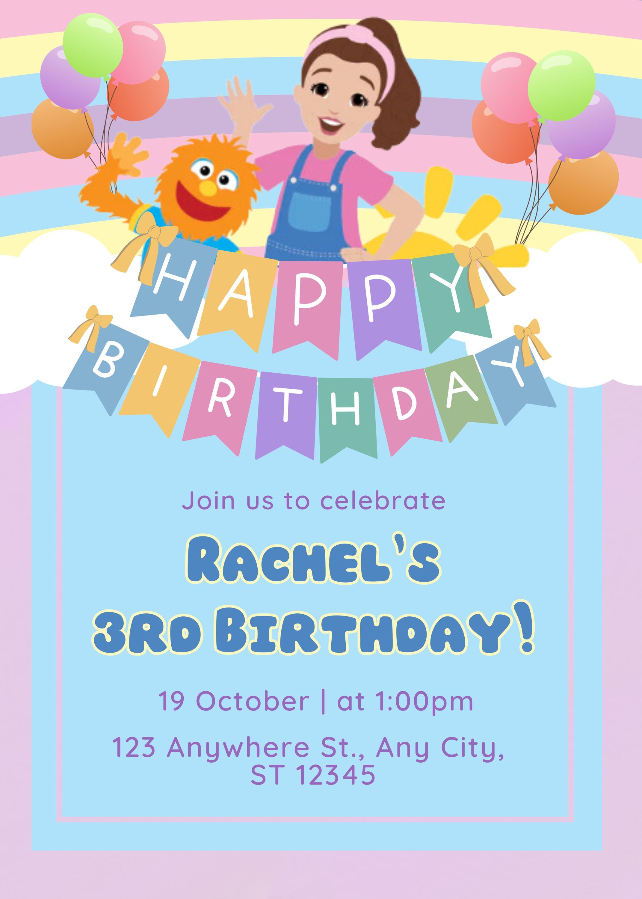 Ms. Rachel Gender Neutral Rainbow 1st, 2nd, or 3rd Birthday Invitation ...