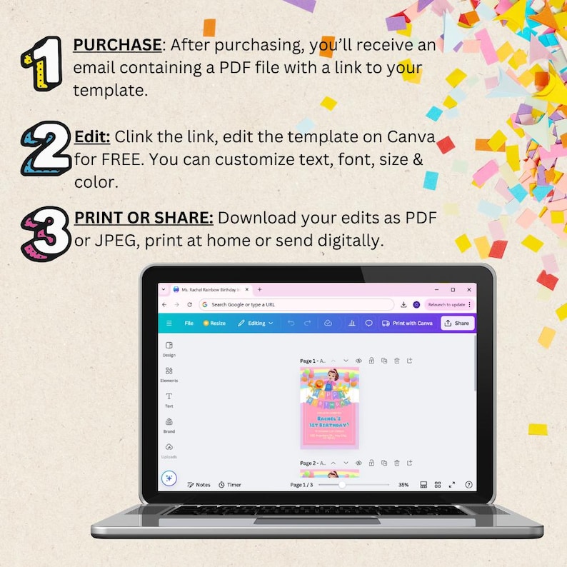 K&ouml;nnte beinhalten: Ein Laptop-Bildschirm zeigt eine Canva-Designvorlage mit einem rosa und regenbogenfarbenen Farbschema. Die Vorlage ist f&uuml;r eine Geburtstagsparty und zeigt ein Cartoon-M&auml;dchen mit einem Regenbogen. Der Text auf der Vorlage lautet "Rainbow Birthday!" und "[Name]'s 1st Birthday!" Der Laptop-Bildschirm zeigt auch die Canva-Bearbeitungswerkzeuge, darunter "Datei", "Gr&ouml;&szlig;e &auml;ndern", "Bearbeiten", "Mit Canva drucken" und "Teilen".