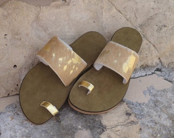 Indian Style Sandal, Gold Hair on Hide Leather, Women's Toe Loop Sandal, Slide Sandal, Choice of Width Fitting, Pointed or Round Toe