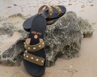 Two Strap Slide Sandal, Olive Green Nu-buck Leather, Spiked Studs, Average/Narrow or Wide Width Fitting, Pointed or Round Toe