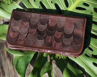 Brown Leather Clutch Handmade, Fish Scale Pattern, magnetic clasp, zip pocket