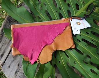 Raw Leather Clutch with wrist strap Tan Pink