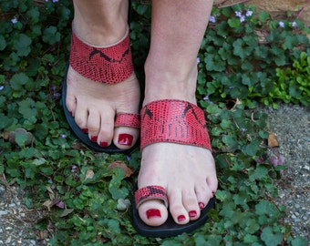 Indian-Red Snake Print Sandal, Women's Toe Loop Sandal, Slide Sandal, Choice of Width Fitting, Pointed or Round Toe, Flat Leather Sandal