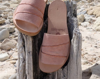 Soft Rose Suede Slide with Rose Gold feature, Average/Narrow or Wide Fitting, Limited Edition.