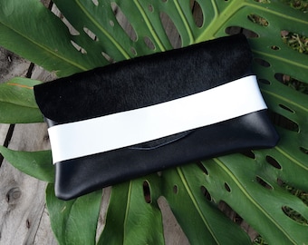 Leather Clutch with Fur Flap and white strap