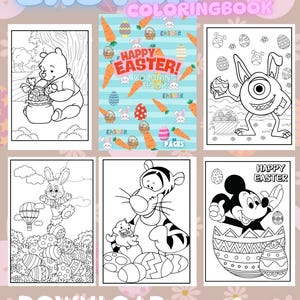 May include: A black and white coloring book with a cover featuring a bunny rabbit, eggs, and the text "Easter Coloring Book". The book has 52 pages and features characters like Winnie the Pooh, Mickey Mouse, and Tigger.
