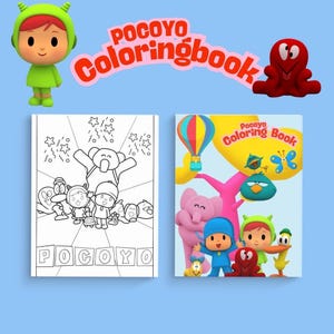 May include: A black and white coloring book featuring Pocoyo and his friends. The cover shows Pocoyo, Elly, Pato, Loula, and the red monster. The title of the book is "Pocoyo Coloring Book".