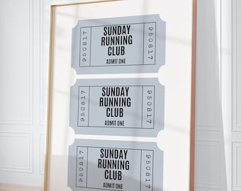 May include: Three vintage-style tickets with a light blue background and black text. Each ticket reads "SUNDAY RUNNING CLUB" and "ADMIT ONE". The tickets are framed in a gold frame.