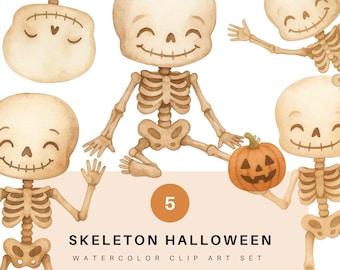 Halloween Clipart Watercolor Skeleton Clipart Set, Cute Spooky Skeleton PNG, Halloween Skeleton Clipart, Skeleton Clipart, Whimsical Digital