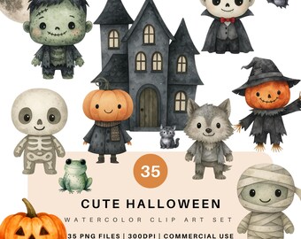 Cute Halloween Clipart Bundle | 35 Watercolor PNG | Ghost, Witch, Jack O Lantern, Spooky & Sweet Kids Halloween Clipart, Happy Halloween Art