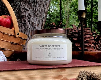 Coffee Bookshop nontoxic glass apothecary coconut soy all natural storytelling candle