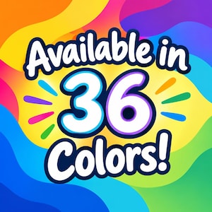 May include: A graphic design featuring a vibrant, multi-coloured wavy background with the text Available in 36 Colours! written in large, bold, white letters with a dark blue outline, accented by small colourful rays surrounding the number 36.