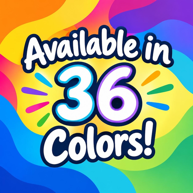 May include: A graphic design featuring a vibrant, multi-coloured wavy background with the text Available in 36 Colours! written in large, bold, white letters with a dark blue outline, accented by small colourful rays surrounding the number 36.