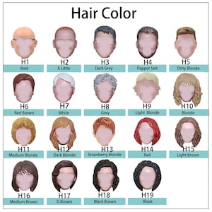Puede incluir: Un gr&aacute;fico titulado "Color de Cabello" muestra 19 opciones diferentes de color de cabello. Cada opci&oacute;n est&aacute; representada por una cabeza sin rostro con un color de cabello diferente, que va desde calvo hasta negro. El gr&aacute;fico incluye etiquetas como "Marr&oacute;n Rojizo" y "Rubio Fresa".