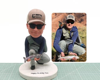Figuras cabezonas de pescador personalizadas, figuras cabezonas de expertos en pesca, estatuas conmemorativas de expertos en pesca con mosca y señuelos, regalos para pescadores.