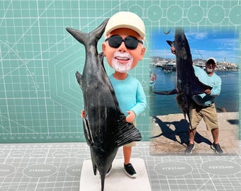 Cabezones personalizados, cabezones de pescadores personalizados, cabezones de pesca en el mar, esculturas para entusiastas de la pesca, regalos de cumpleaños