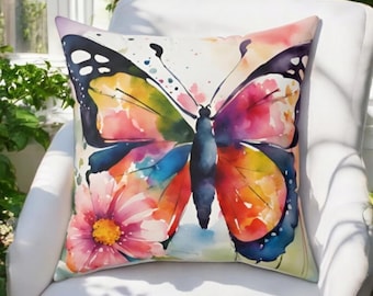 Watercolor Butterfly Pillow, Spun Polyester Decorative Cushion