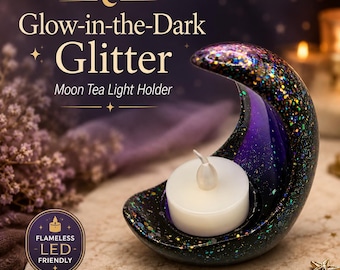 Glow in Dark Resin Moon Tea Light Holder, Celestial Glitter Decor