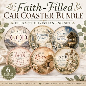 Puede incluir: Un conjunto de seis diseños circulares de posavasos para coche con temas cristianos. Los gráficos incluyen textos como Be Still and Know That I Am God, Amazing Grace, A Savior Is Born, Faith Over Fear, He Is Risen y Lamb of God con dibujos.
