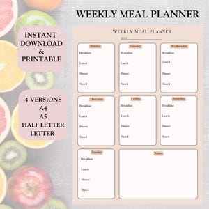 Weekly Meal Planner Digital, Meal Tracker, Weekly Meal Planner Menu, Food Planners, Diet Planner, Diet Plan, Printable Planner Meals