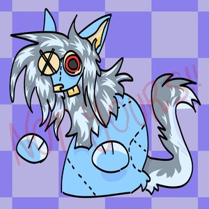 May include: A digital illustration of a stylized creature with light blue fur, a shaggy grey mane, and two large front teeth. The creature has one eye depicted as a black X and the other as a red circle. It features stitched seams on its body.