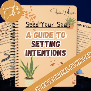 Puede incluir: Una guía de descarga digital titulada "Seed Your Soul: A Guide to Setting Intentions" con un fondo marrón y naranja que presenta una planta en maceta y hojas de otoño. El texto "25 Page Digital Download" está en una pancarta en la parte inferior de la imagen.