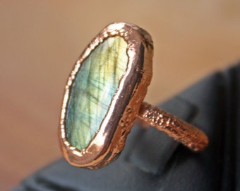 Labradorite Ring | Modern Iridescent Statement Ring | Copper Electroformed Ring | Boho Stacking Ring Size 6.5 | Handmade Rustic Jewelry