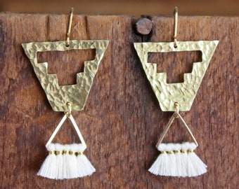 Hammered Brass Inverted Pyramid Earrings with White Tassels | Textured Southwestern Geometric Earrings | Handmade Unique Gifts for Her